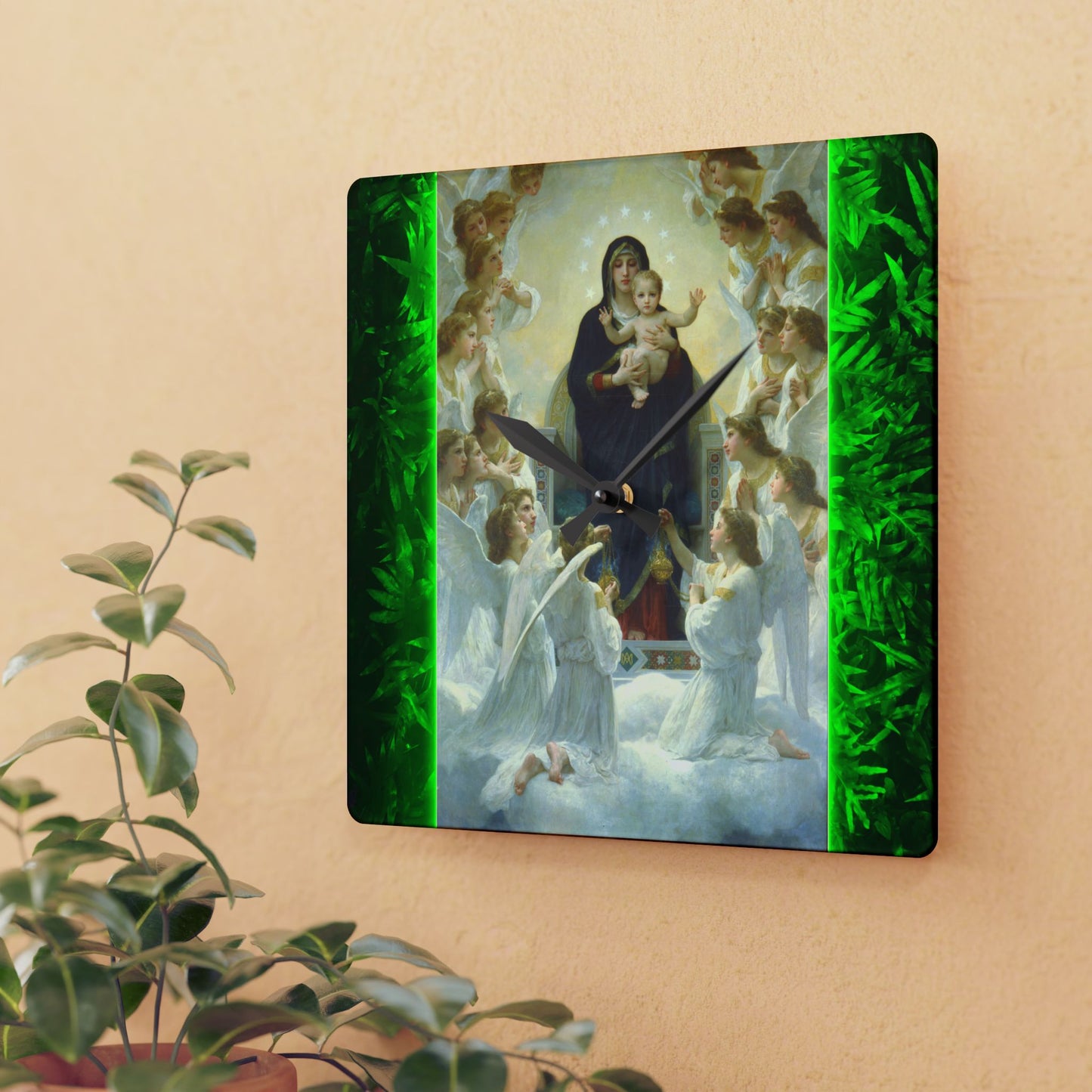 "Tropical Glow Our Lady Mary With Angels" Acrylic Wall Clock - Elegant Religious Decor for Home and Office