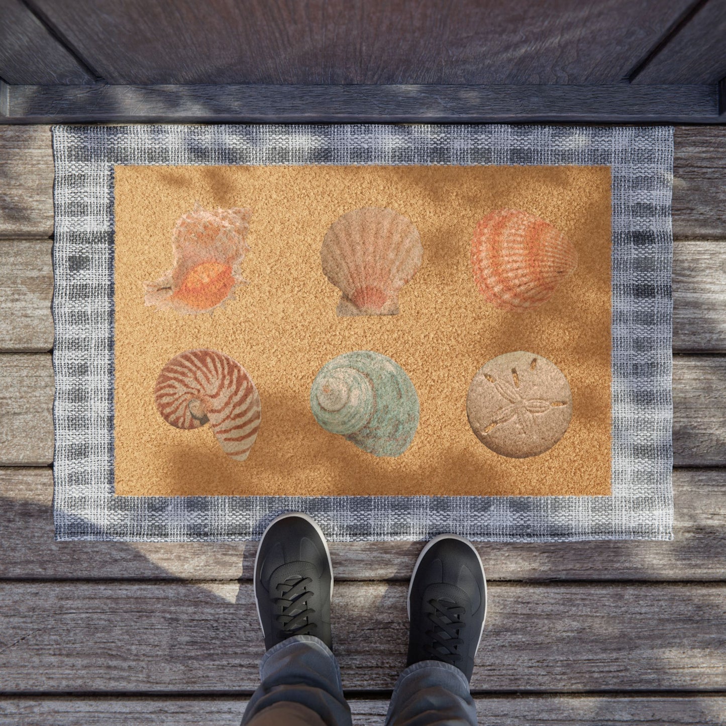 Coastal Seashell Doormat / Vibrant Coconut Fiber Entrance Mat / Six Real Shell Images