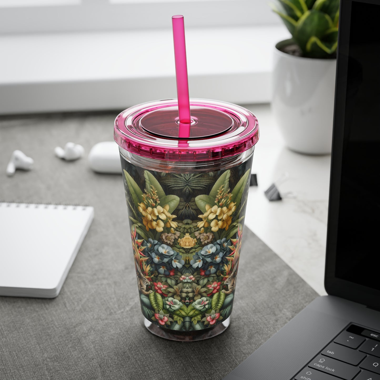 Tropical Tumbler with Straw | 16oz Colorful Travel Cup / Rainforest Rabbit Outing