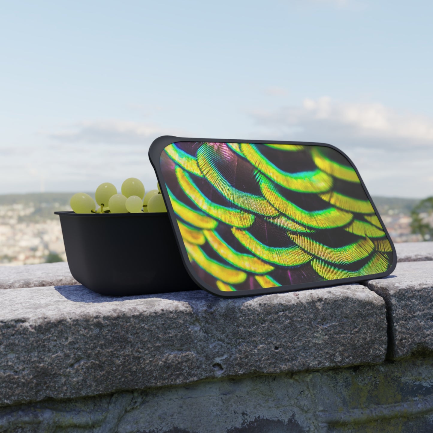 Bento Box with Utensils - Yellow Peacock Feathers