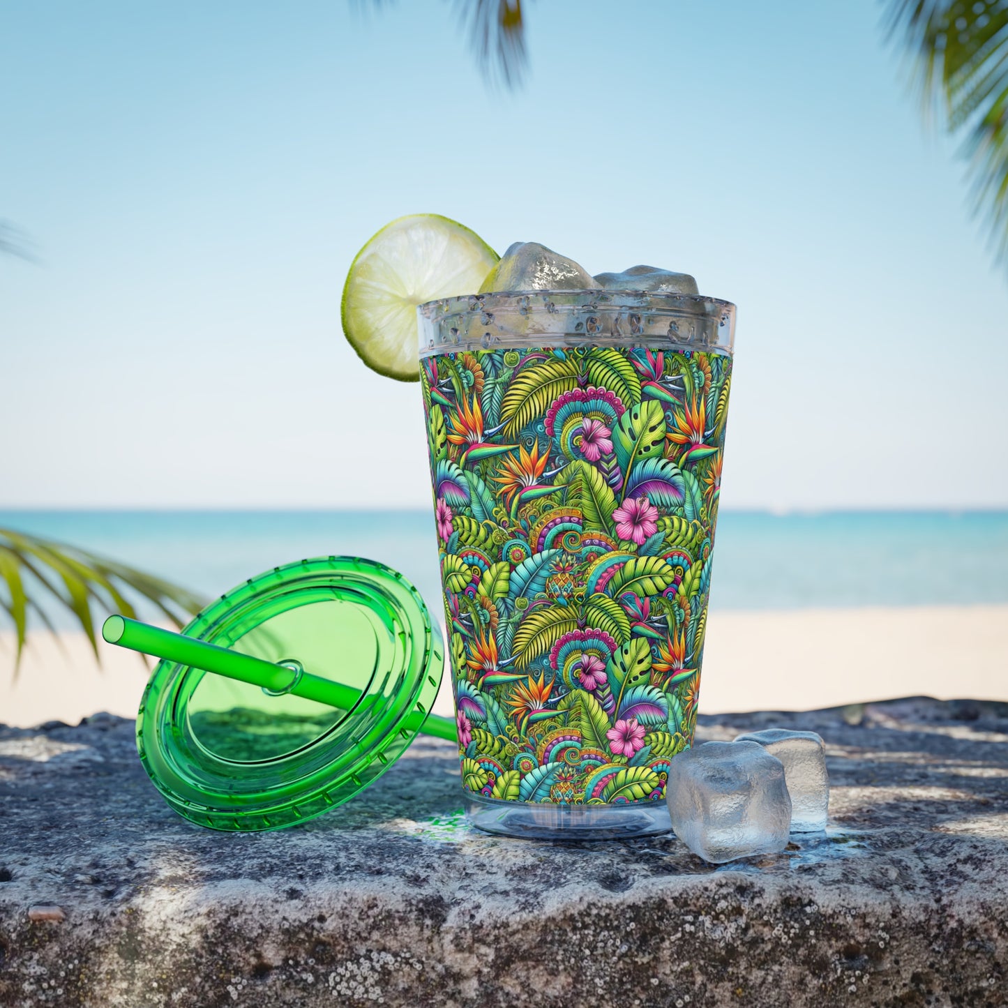 Tropical Tumbler with Straw | 16oz Colorful Travel Cup / Rainforest Blooms