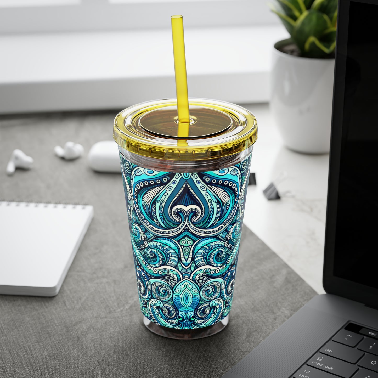 Tropical Tumbler with Straw | 16oz Colorful Travel Cup / Aqua Octopus