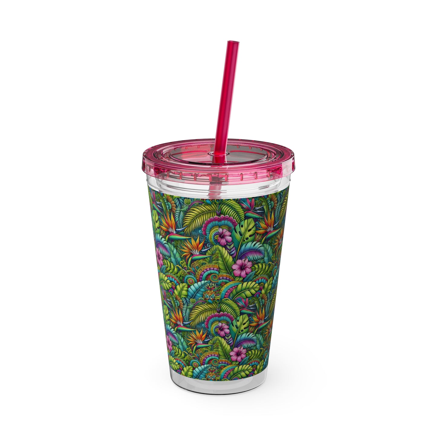 Tropical Tumbler with Straw | 16oz Colorful Travel Cup / Rainforest Blooms
