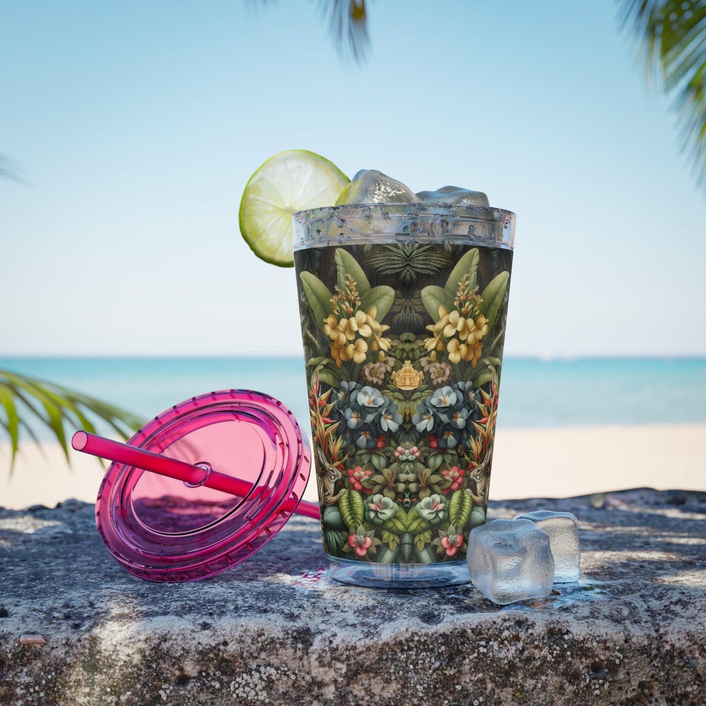 Tropical Tumbler with Straw | 16oz Colorful Travel Cup / Rainforest Rabbit Outing
