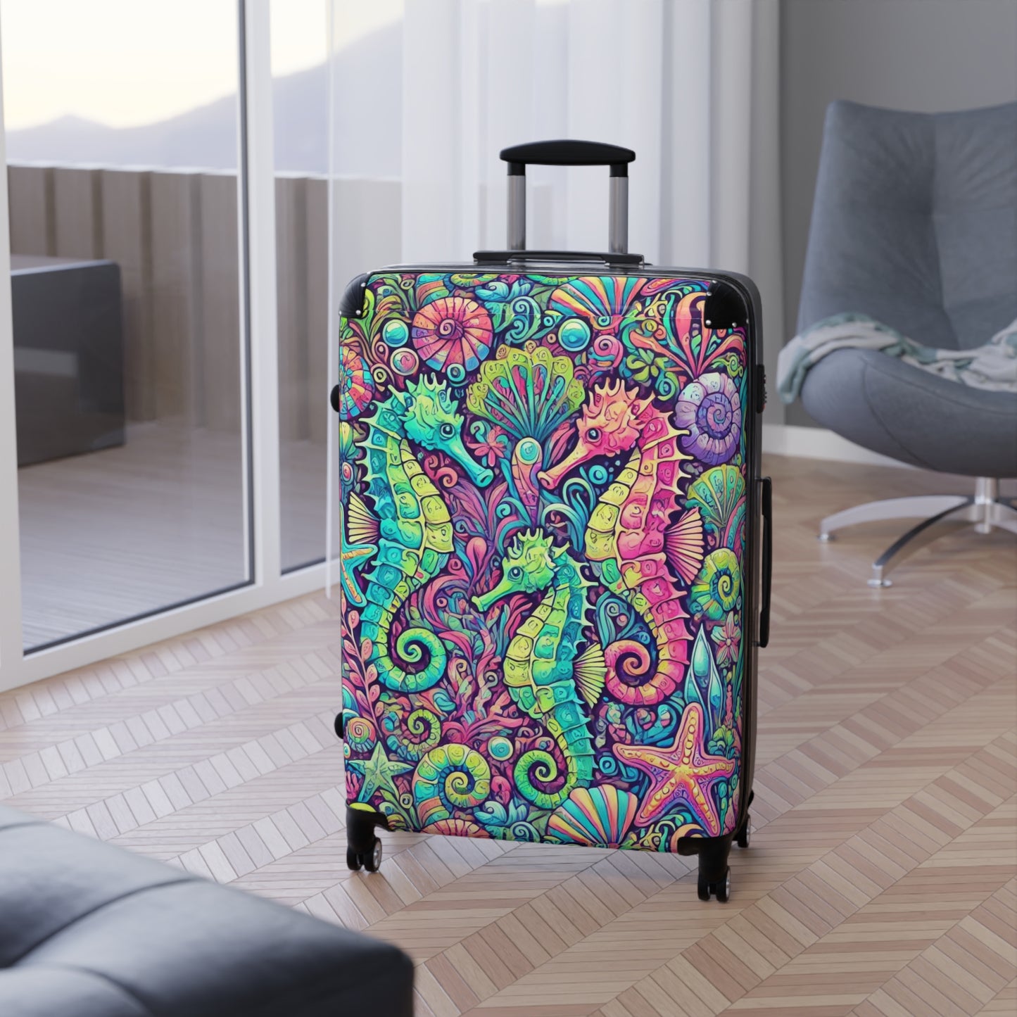 Colorful Tropical Suitcase - Stylish Travel Luggage for Adventurers / Seahorses