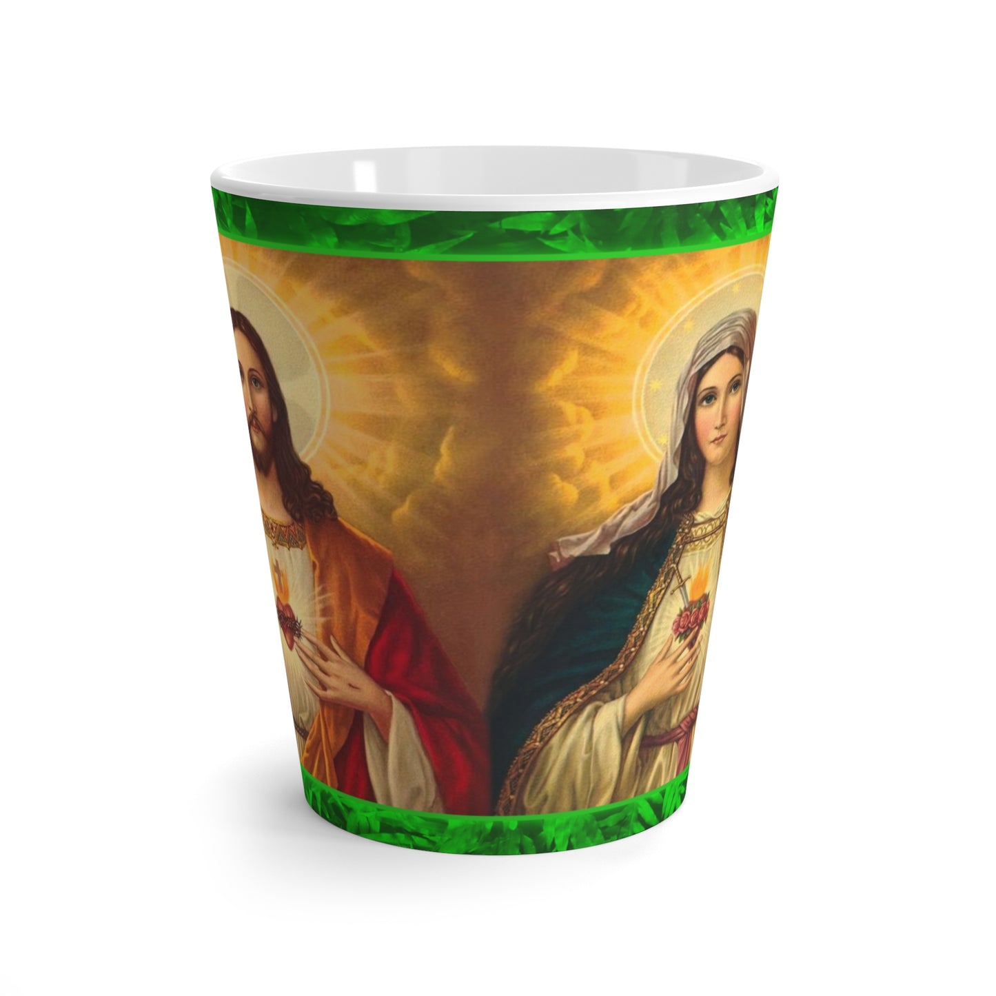 Religious Tropical Glow Jesus and Mary Latte White Mug - Perfect for Plant Lovers & Coffee Enthusiasts