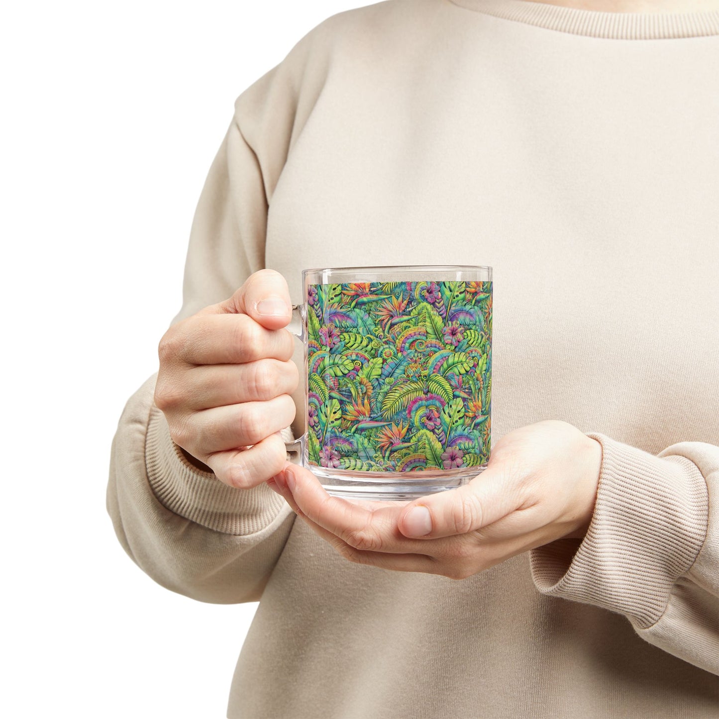 Tropical Glass Mug - 10oz Coffee Cup / Tropical Blooms