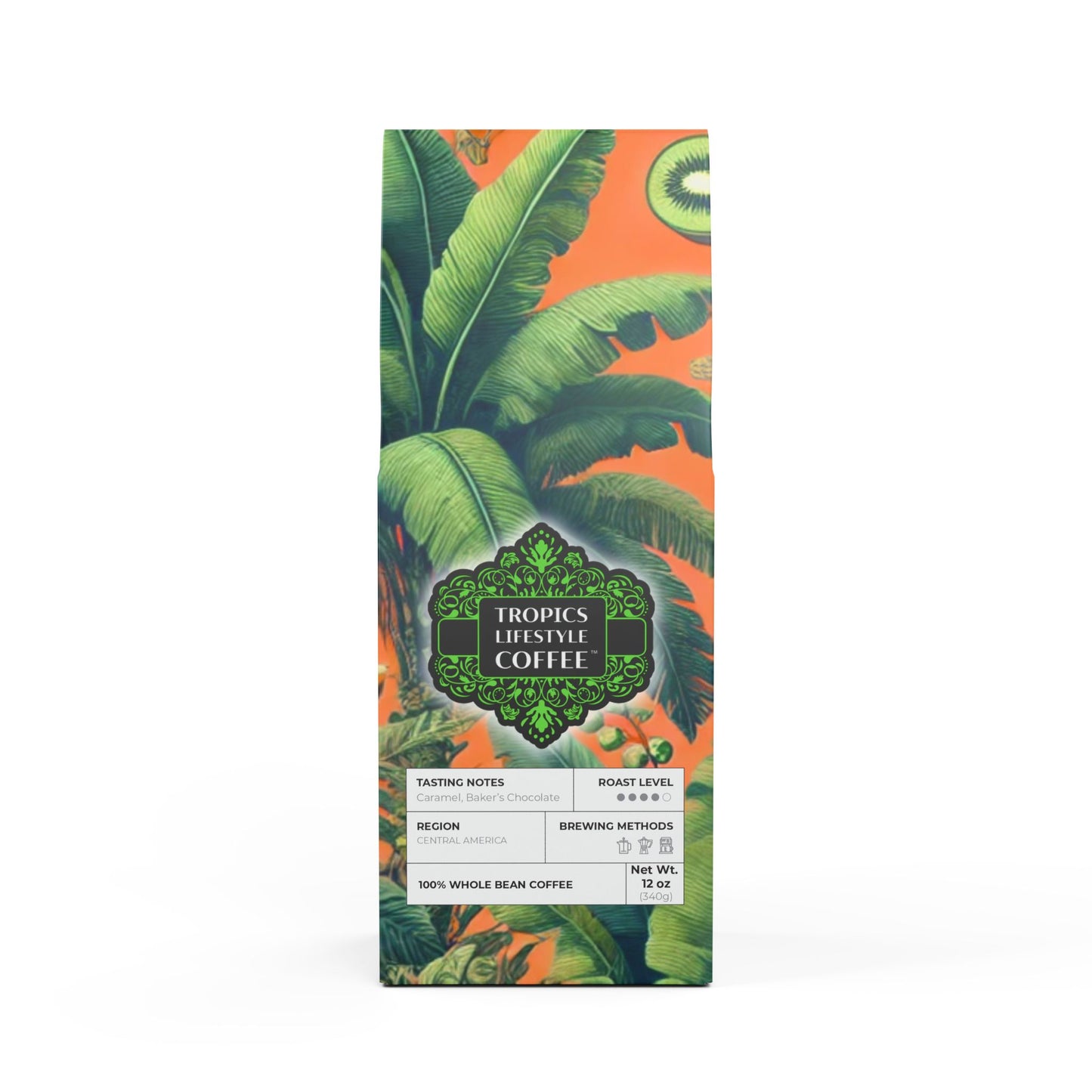 Cocoa Palms Blend™ (Medium-Dark Roast) Specialty Grade Craft Coffee / Palms and More Tropical Fruit, Orange