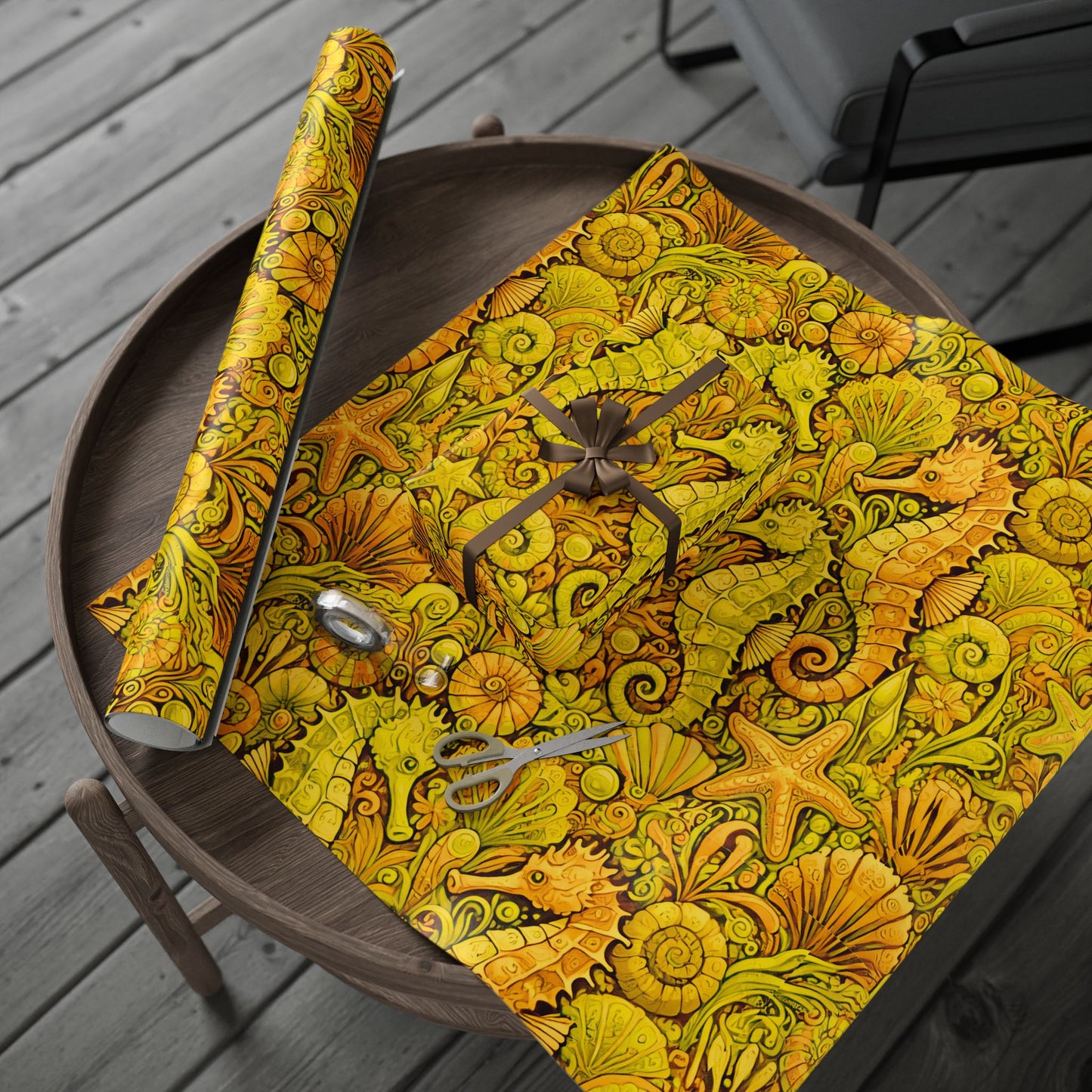 Wrapping Paper - Tropical Gift Wrap for All Occasions, 3 Sizes/2 Finishes / Seahorses, Yellow