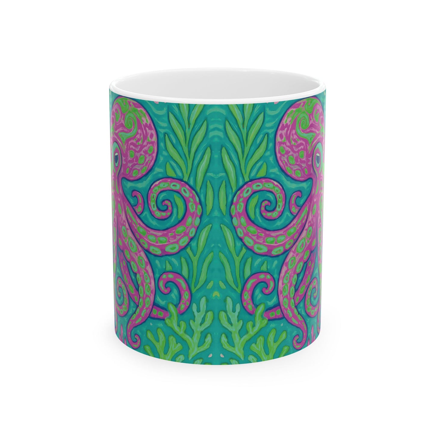 Ceramic White Mug - 11oz & 15oz, Purple Octopus Kraken Joe