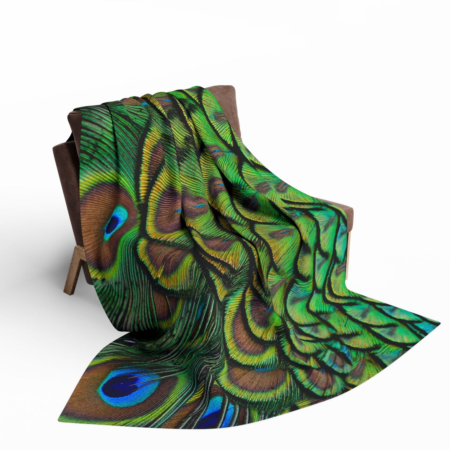 Green Peacock Feathers Fleece Blanket - Colorful Tropical Design, 3 Sizes