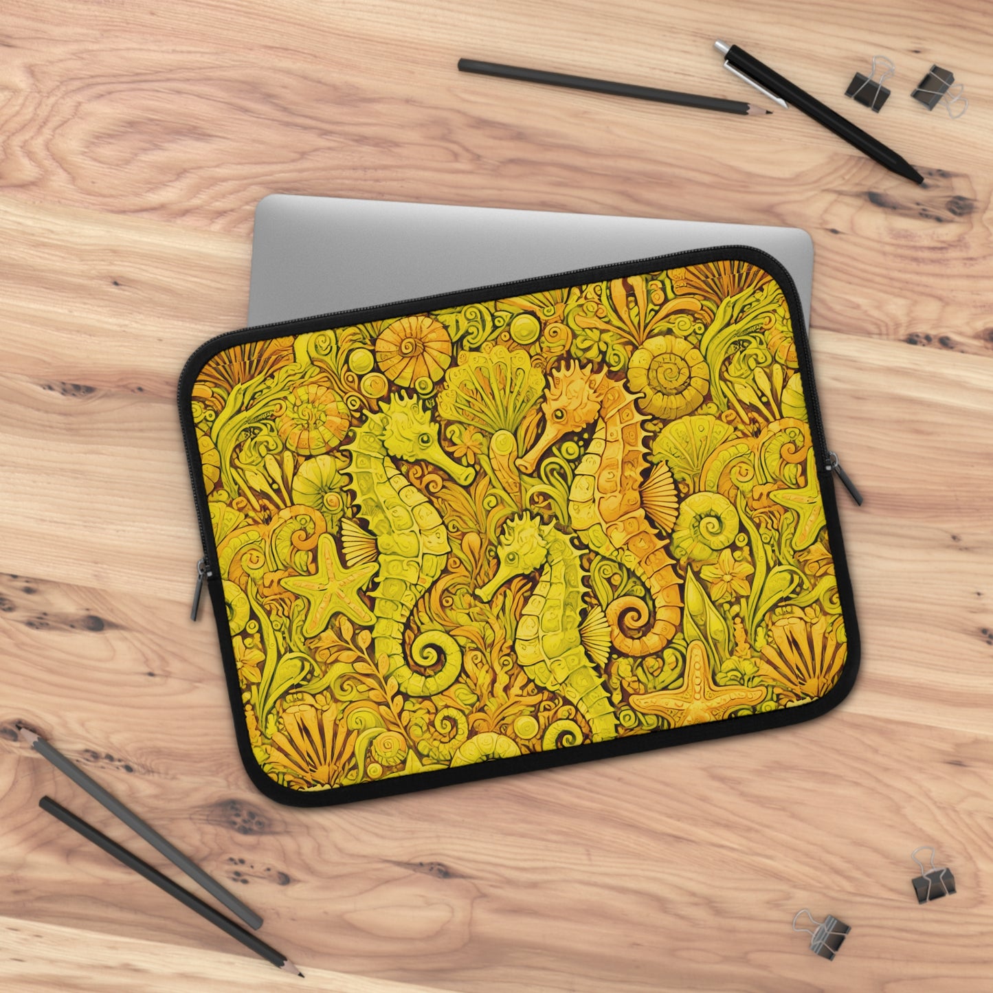 Tropical Laptop Sleeve, 5 Sizes - Perfect for Beach Lovers & Students / Seahorses, Yellow