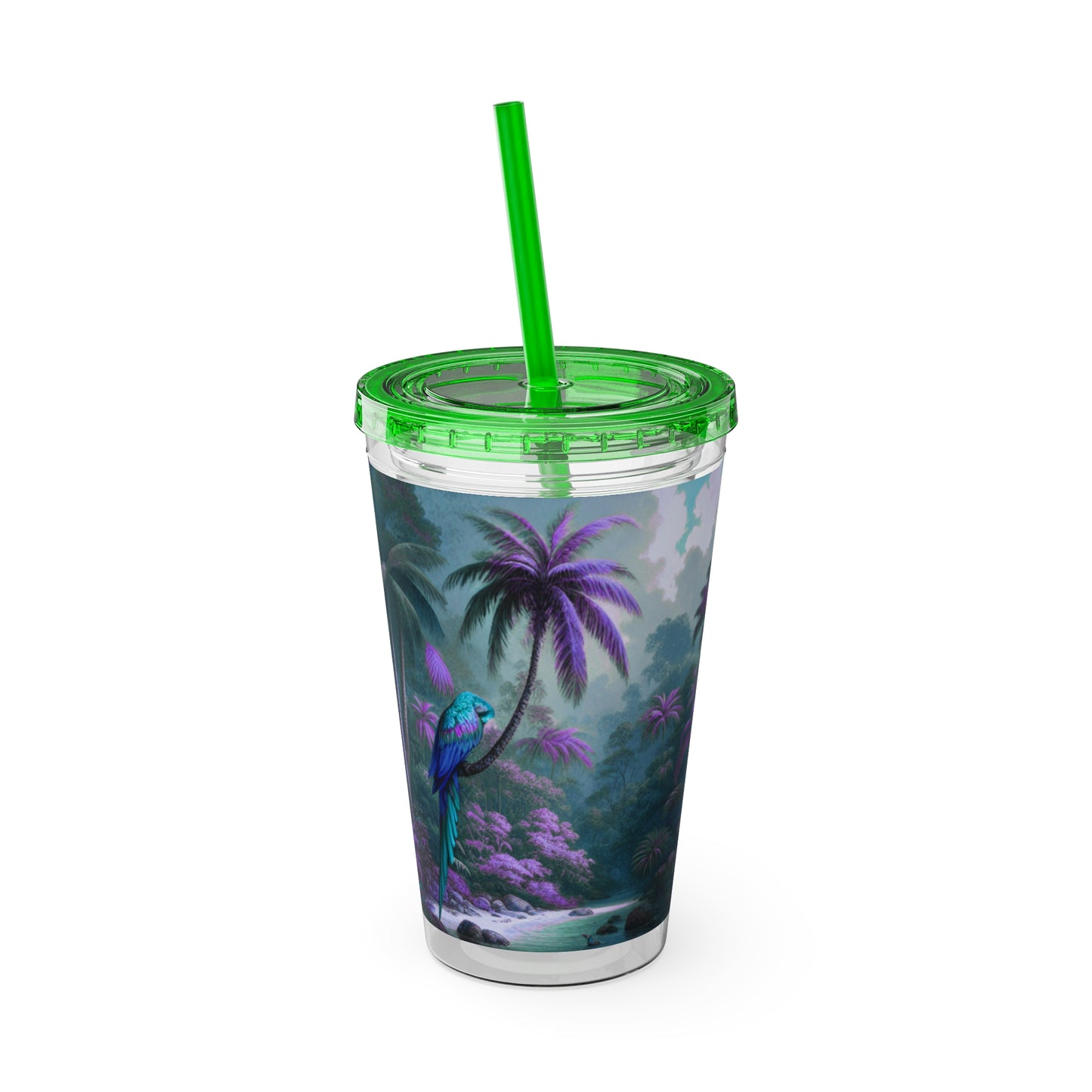 Tropical Tumbler with Straw | 16oz Colorful Travel Cup / Sleeping Parrot/Fantasy