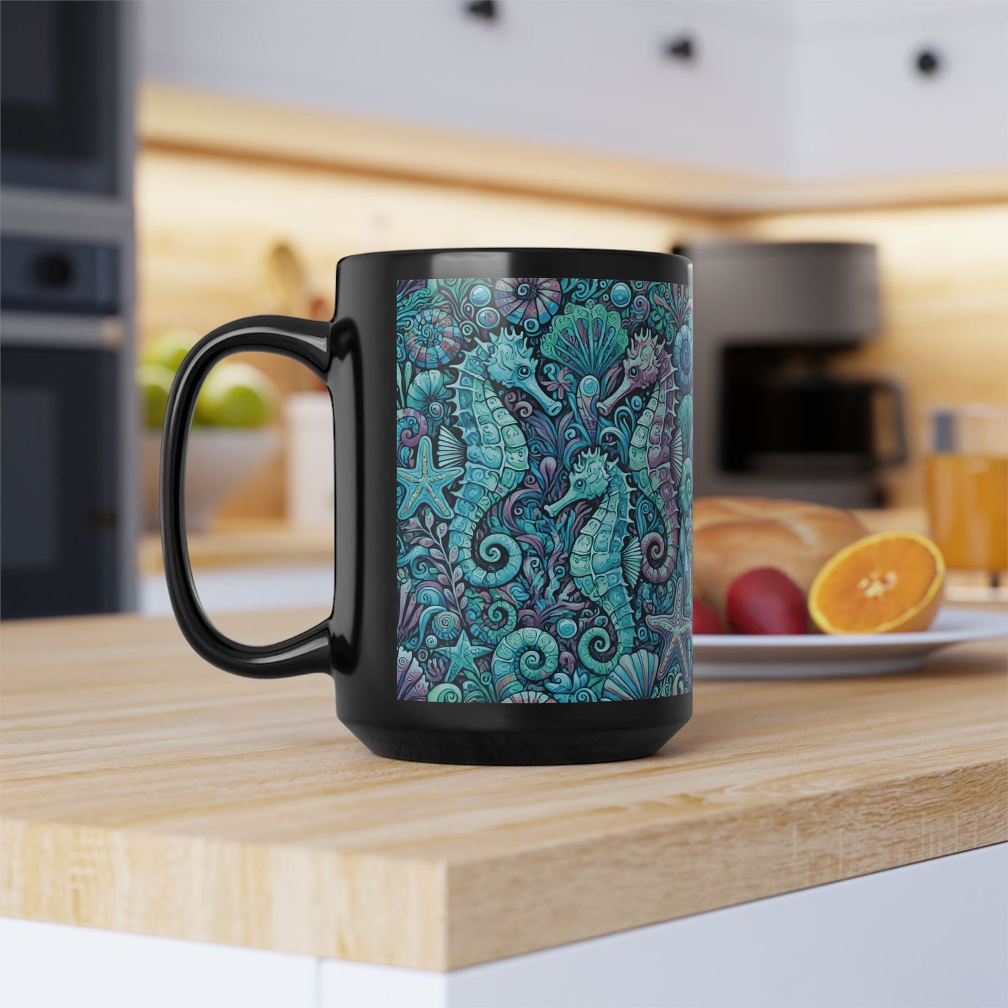 Black Coffee Mug - Seahorse Party, Turquoise