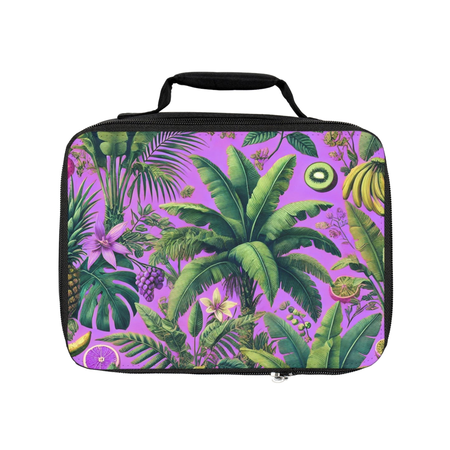 More Tropical Fruit/Dark Lilac Lunch Bag - Eco-Friendly Insulated Tote, Adult and Child Lunchbox / Perfect for Picnics, Beach Outings