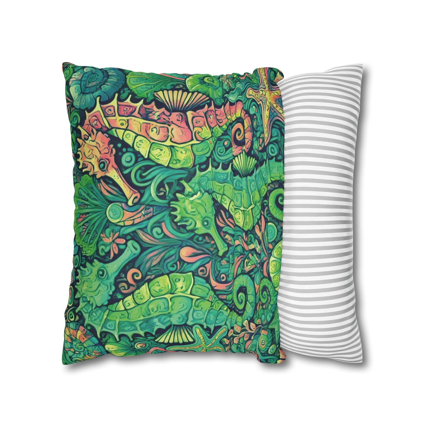 Faux Suede Square Pillowcase - Seahorse Trio/Hot Lime
