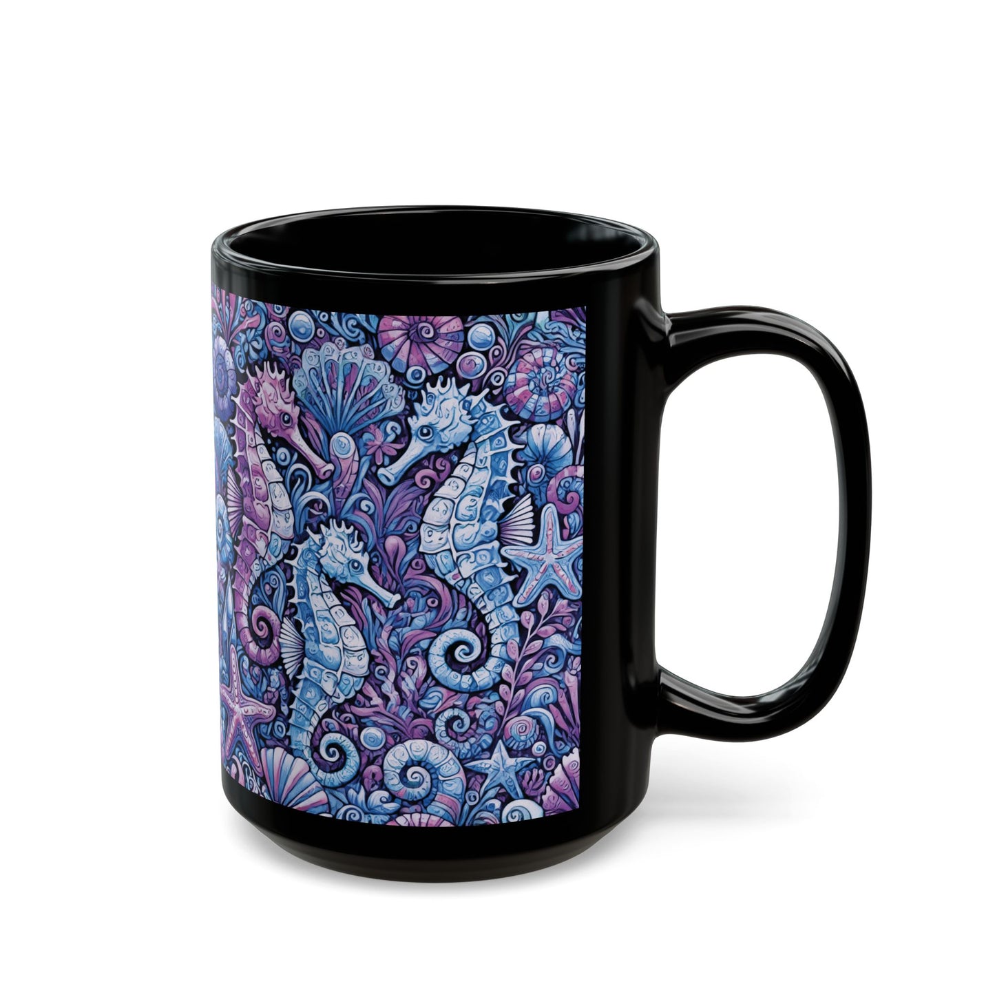 Black Coffee Mug - Seahorse Trio, Purple & Blue