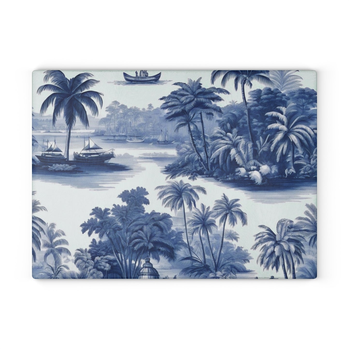 Glass Cutting Board, 2 sizes - Tropical Toile #2, blue