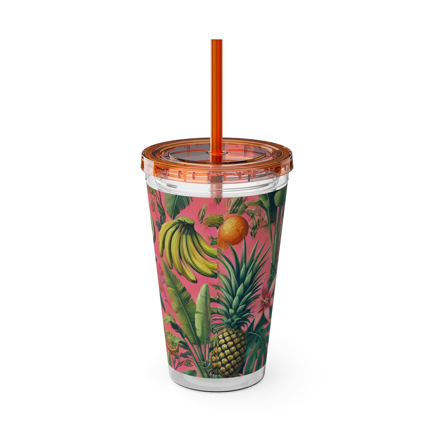Tropical Tumbler with Straw | 16oz Colorful Travel Cup / More Tropical Fruit, Coral