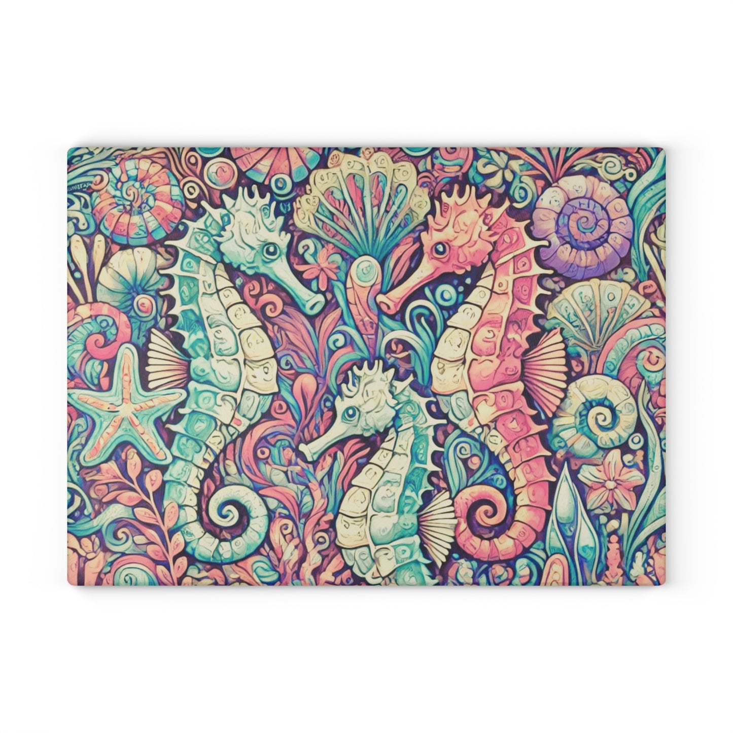 Glass Cutting Board, 2 sizes - Seahorses Retro