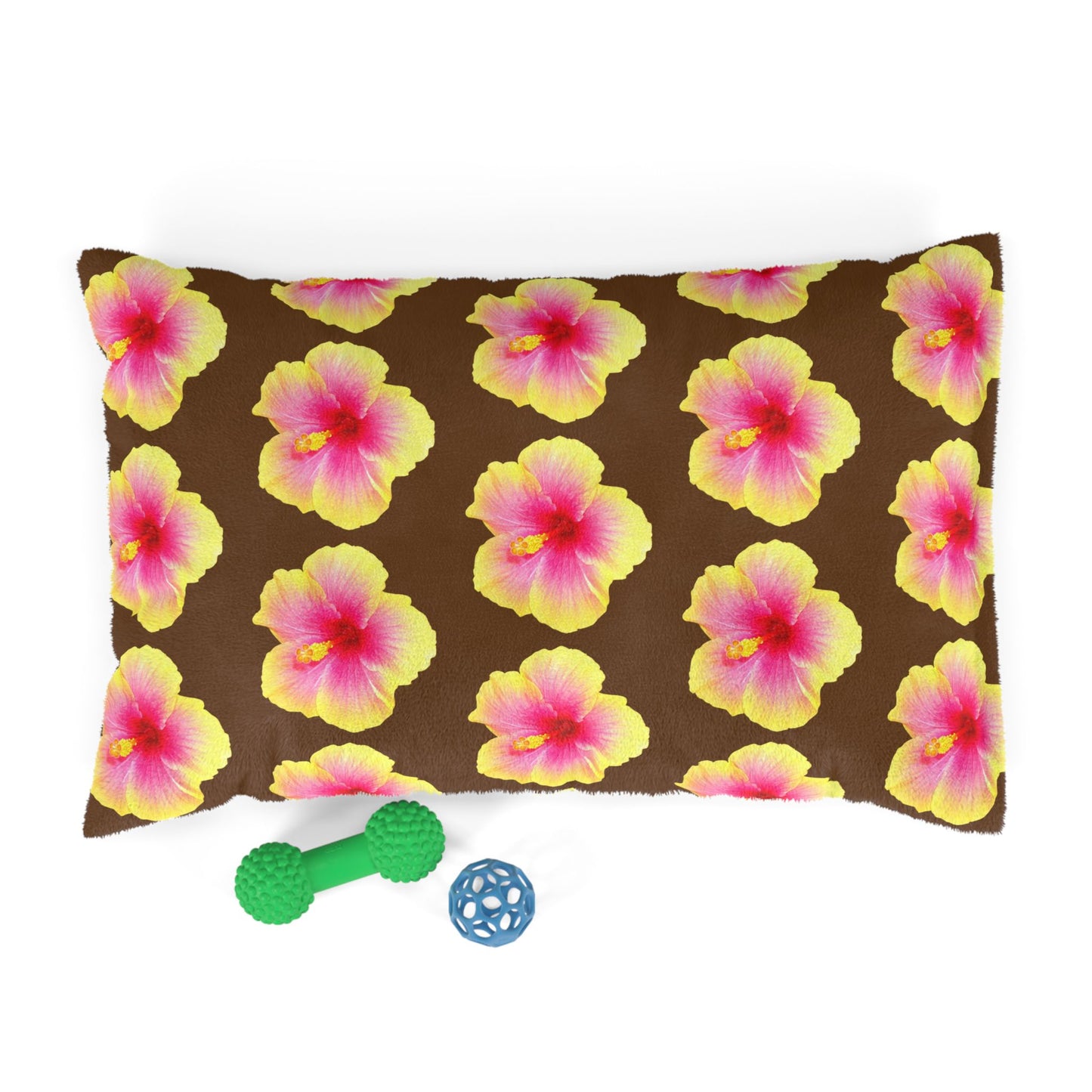 Pet Bed - Cozy and Fun Dog or Cat Bed for Beach Lovers / Real Yellow & Pink Hibiscus/Brown