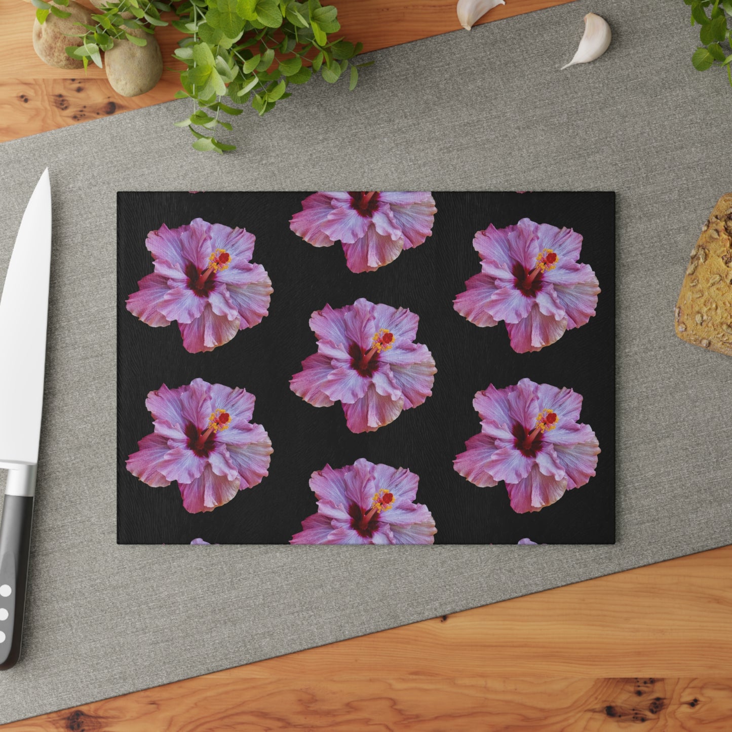 Glass Cutting Board, 2 sizes - Real Purple Hibiscus/Black