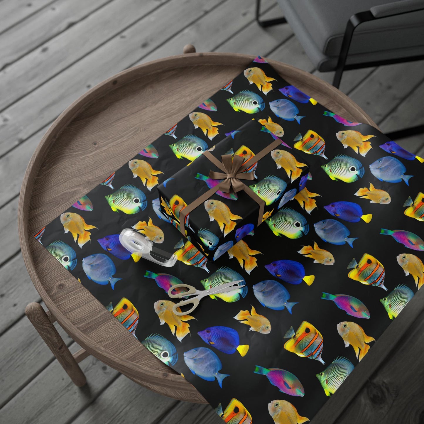 Wrapping Paper - Tropical Gift Wrap for All Occasions, 3 Sizes/2 Finishes / School of Fish, Black