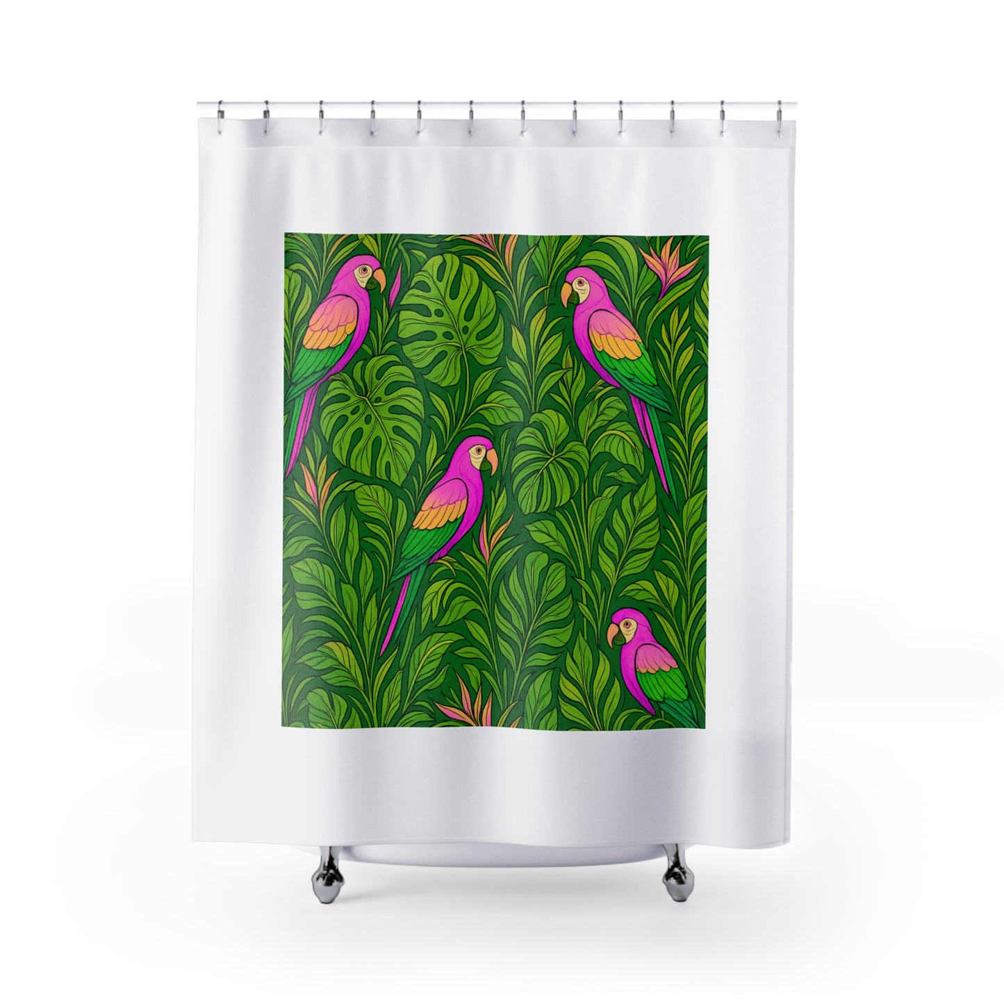 Tropical Shower Curtain - Ocean Bathroom Decor / Parrot Family/Pink, White