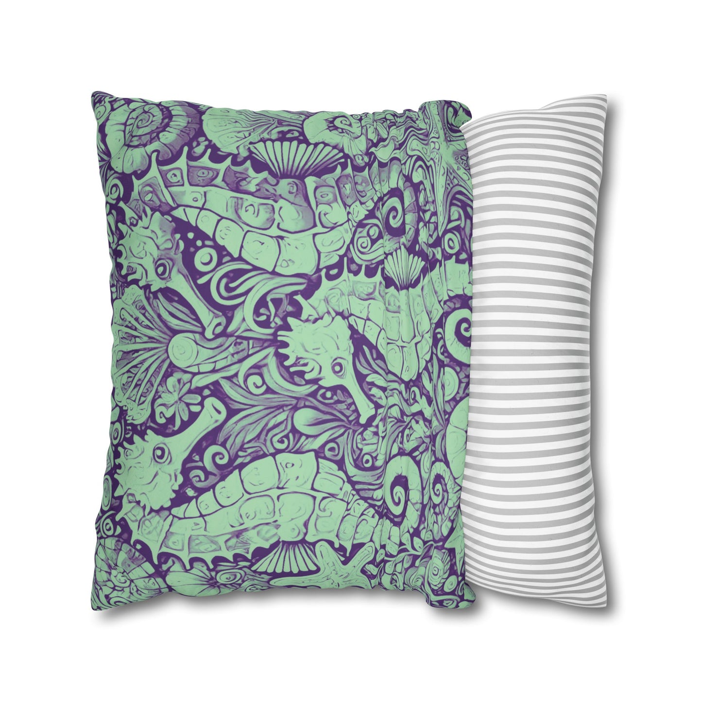 Faux Suede Square Pillowcase - Seahorse Trio, Minty