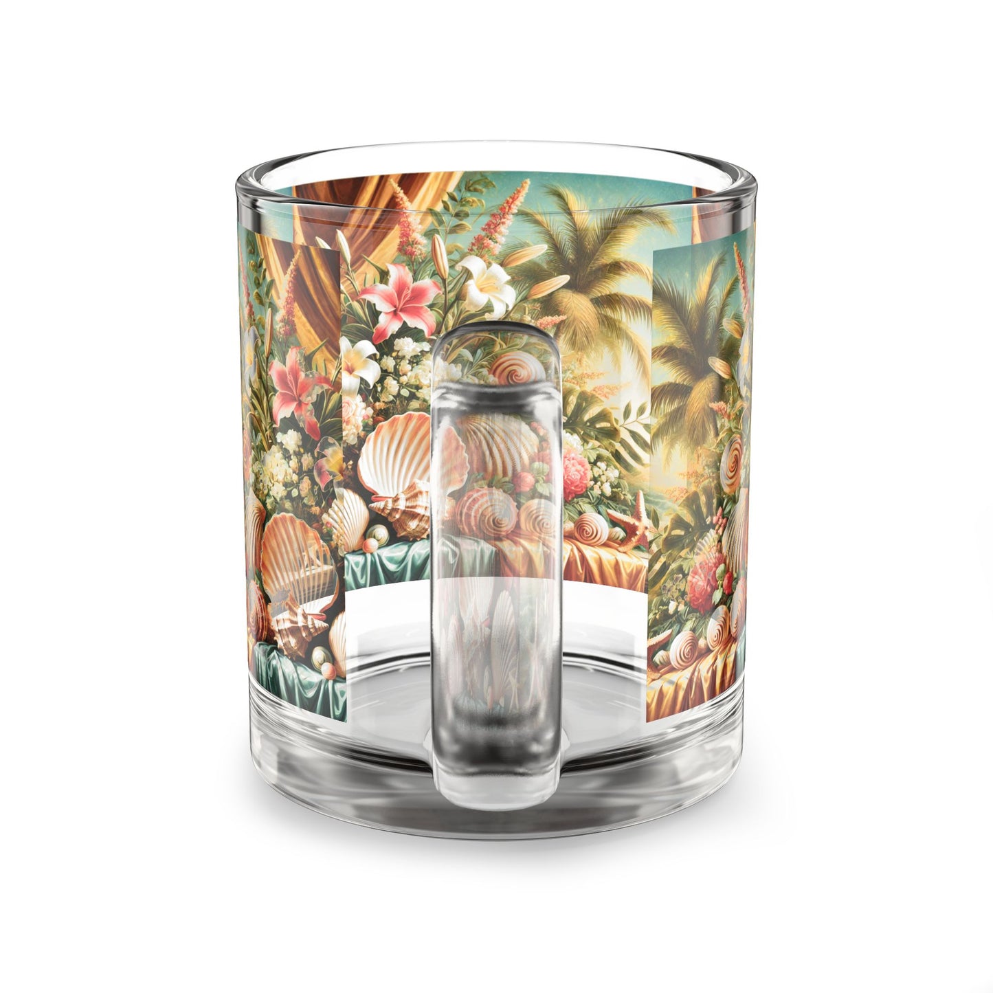 Tropical Glass Mug - 10oz Coffee Cup / Shell and Flower Tablescape