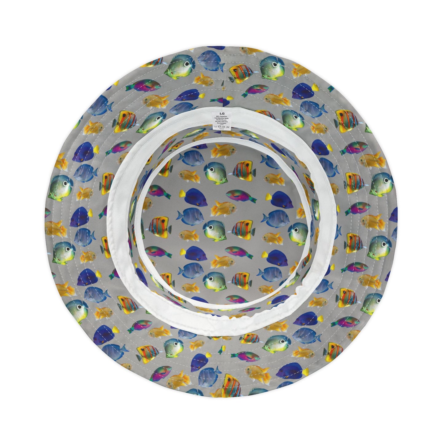 Tropical Polyester Bucket Hat, 2 Sizes - School of Fish / Light Grey