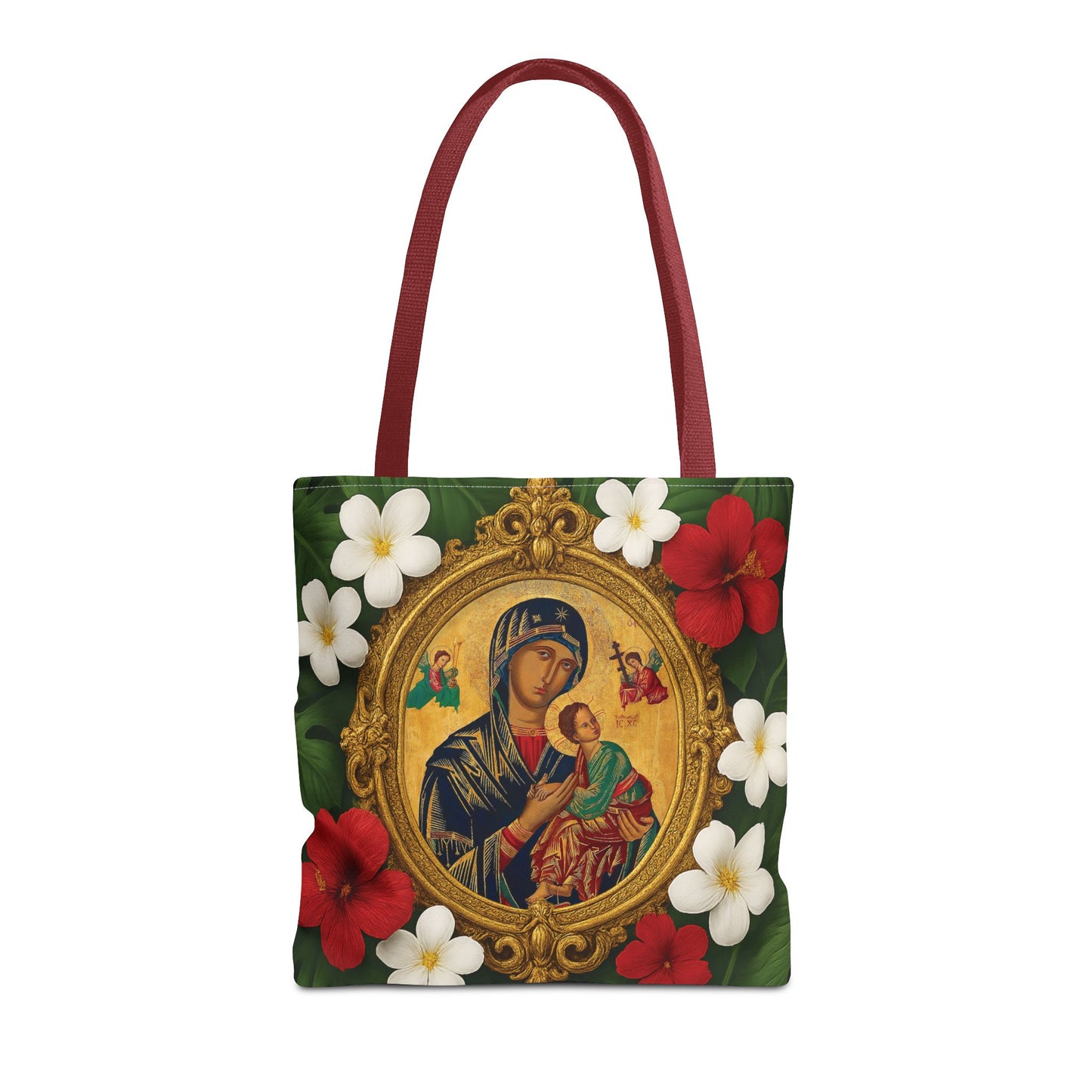 Religious Art Polyester Tote Bag, 3 Sizes / Our Lady of Perpetual Help, Red Flowers