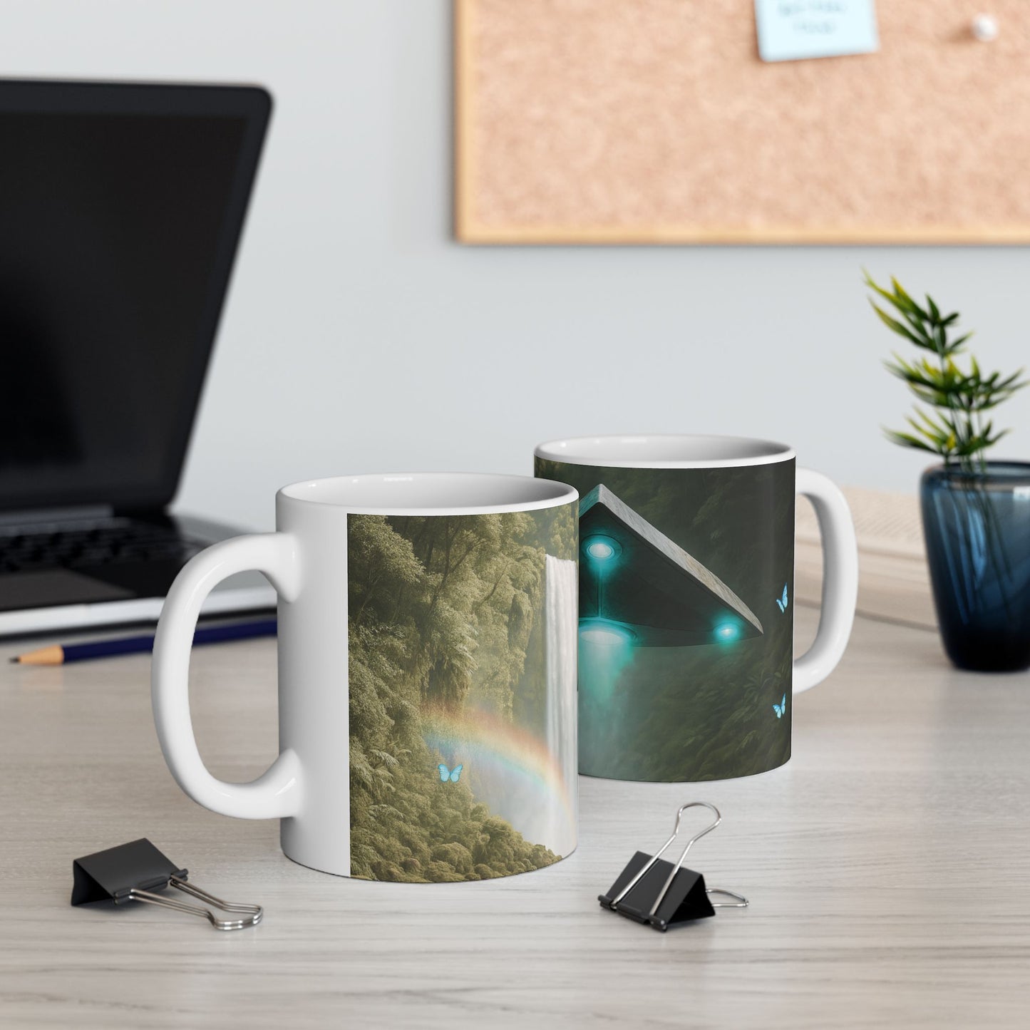 UFO and Waterfall Ceramic Mug - Colorful Coffee Cup for Morning Motivation
