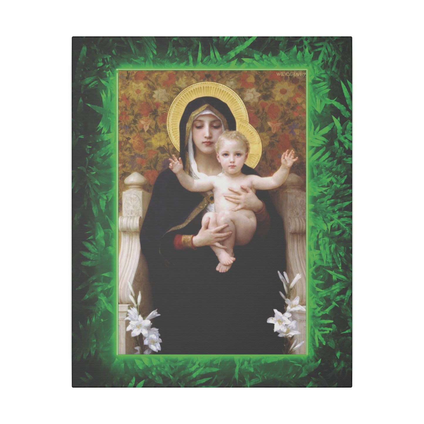 "Tropical Rainforest Madonna of Lilies" Religious Canvas Artwork - Stretched Canvas Print / Virgin Mary & Jesus