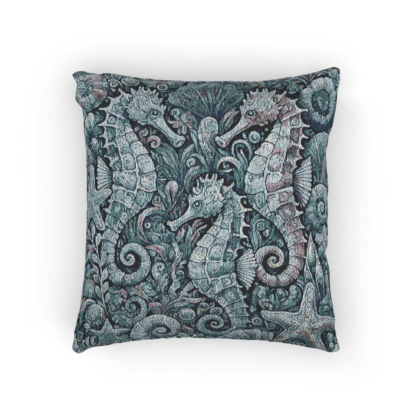 Woven Pillow, 17"W x 18"L - Seahorse Trio, Blue