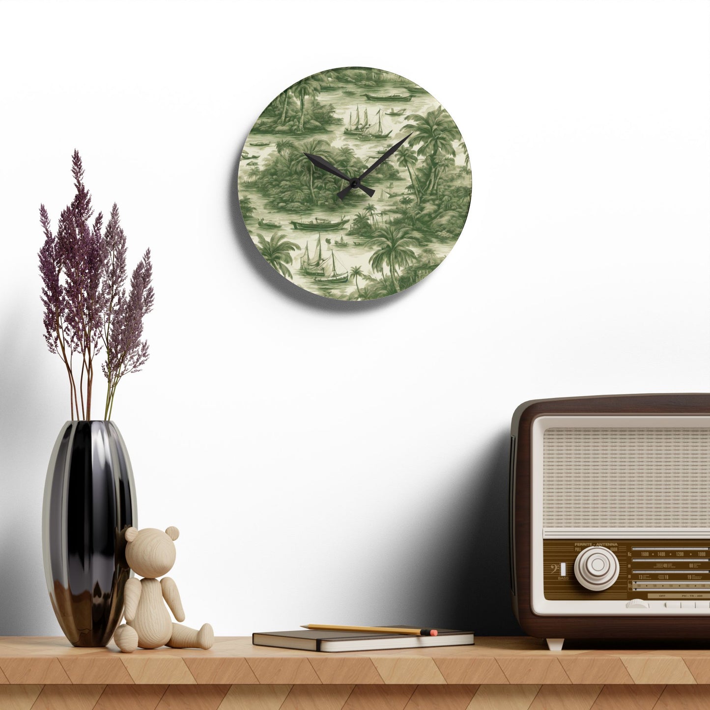 Acrylic Wall Clock, Tropical Toile #1, Green, Various Sizes