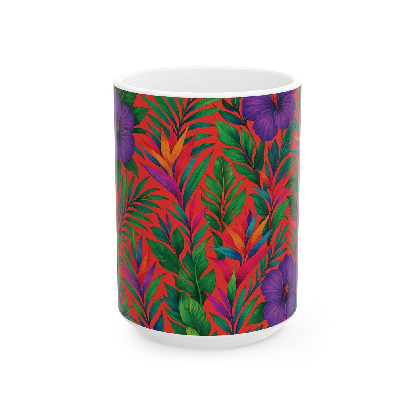 Ceramic White Mug - 11oz & 15oz, Midnight Flower Coral