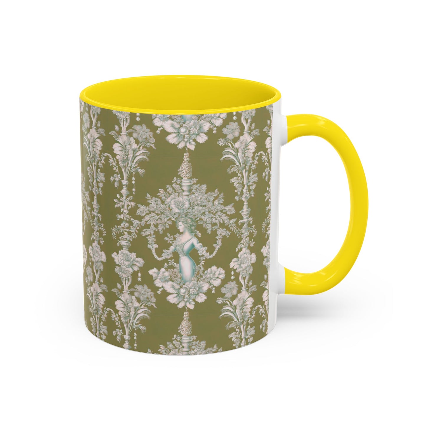 Accent Coffee Mug (11, 15oz), Pearl Lady Toile/Highborn Greren Repeat, Various Colors