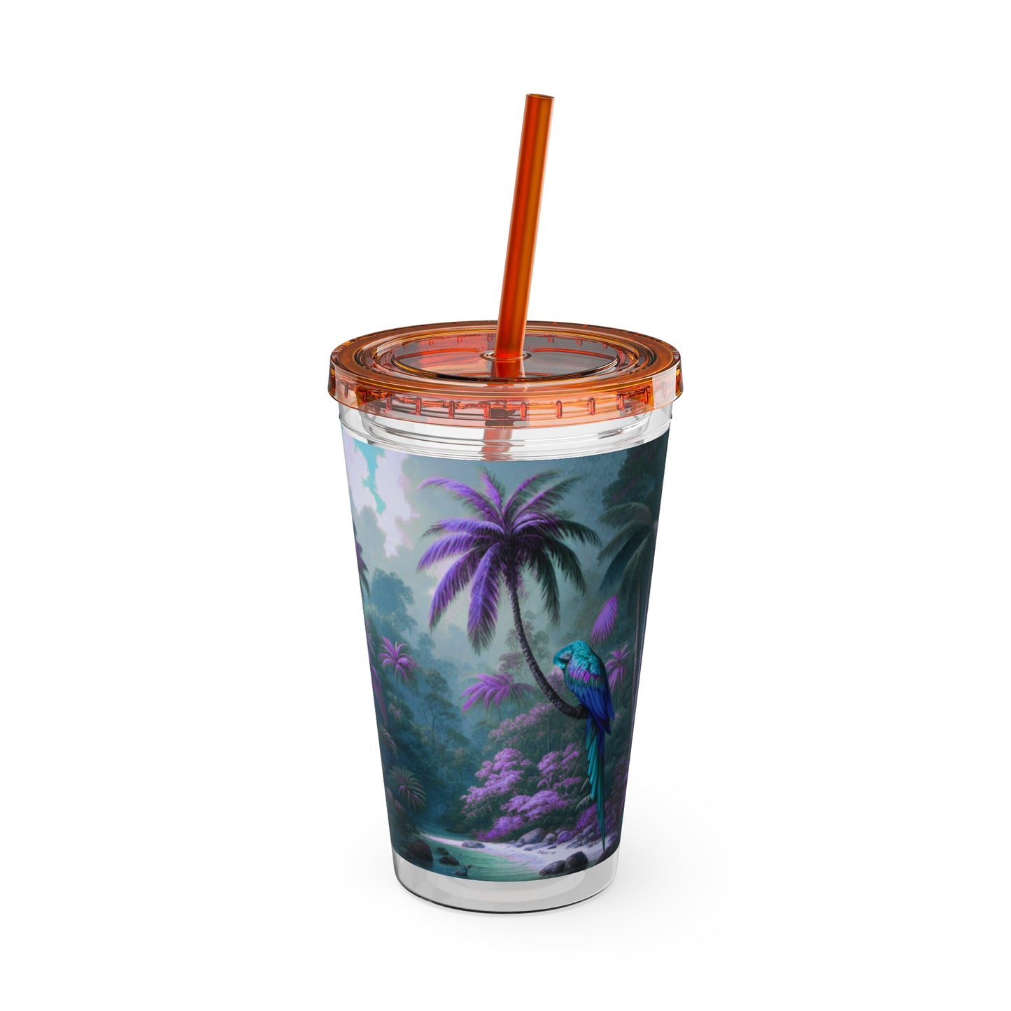 Tropical Tumbler with Straw | 16oz Colorful Travel Cup / Sleeping Parrot/Fantasy