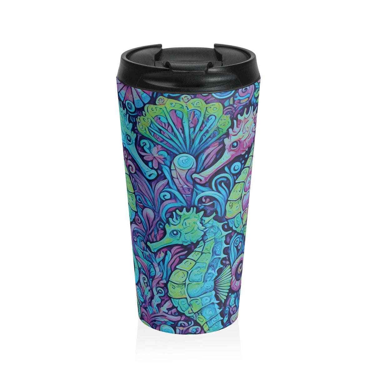 15 oz. Stainless Steel Travel Mug / Seahorse Trio, Turquoise Pop