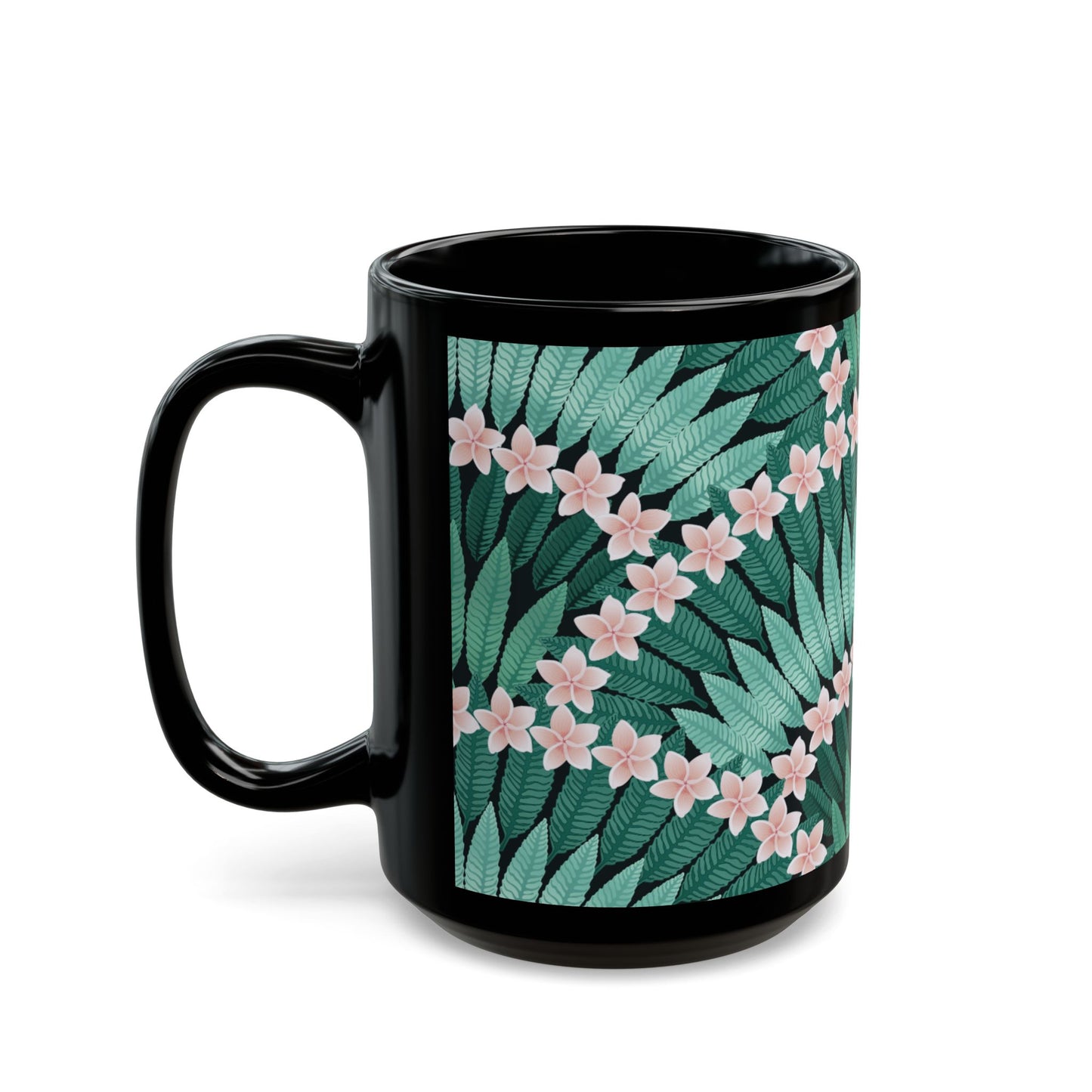 Black Mug (11oz, 15oz), Plumeria and Palms, Evergreen