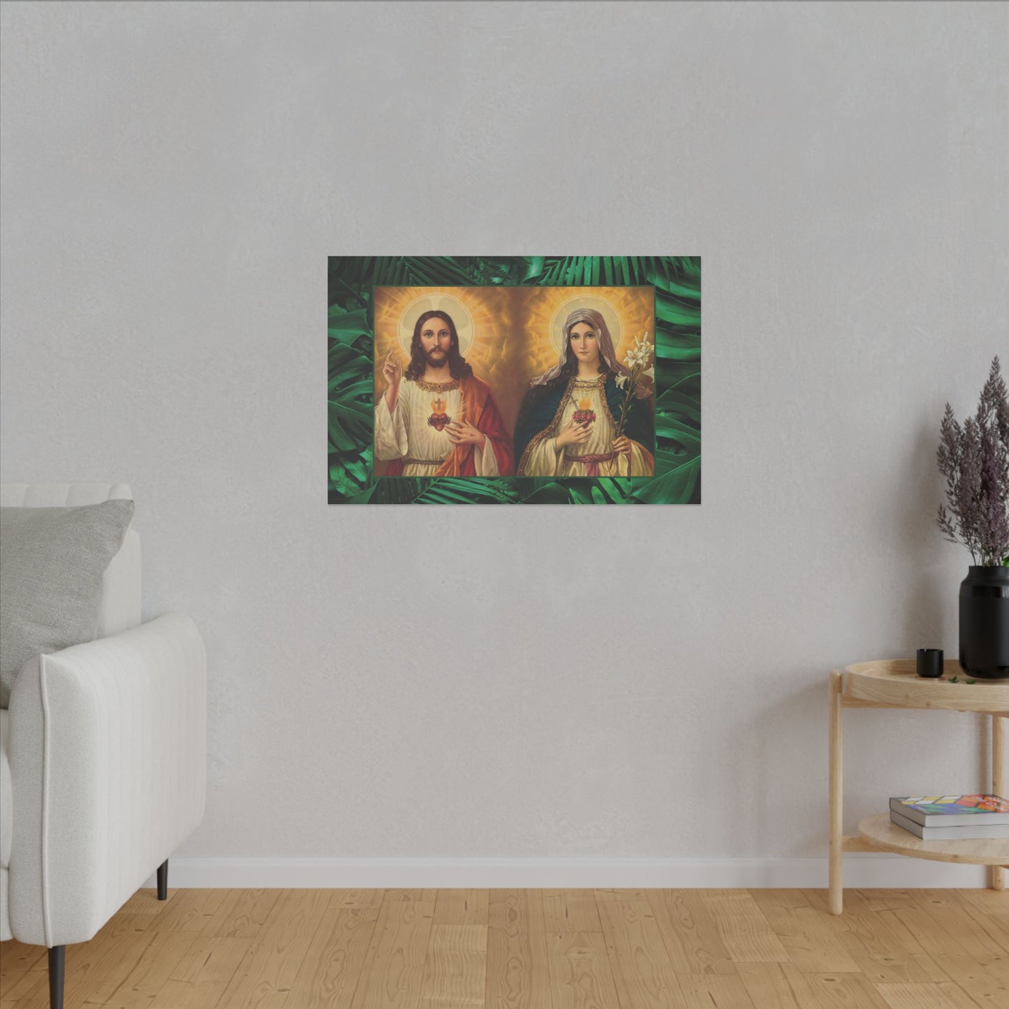 "Tropical Rainforest Jesus and Mary" Religious Canvas Artwork - Stretched Canvas Print / Byzantine Icons