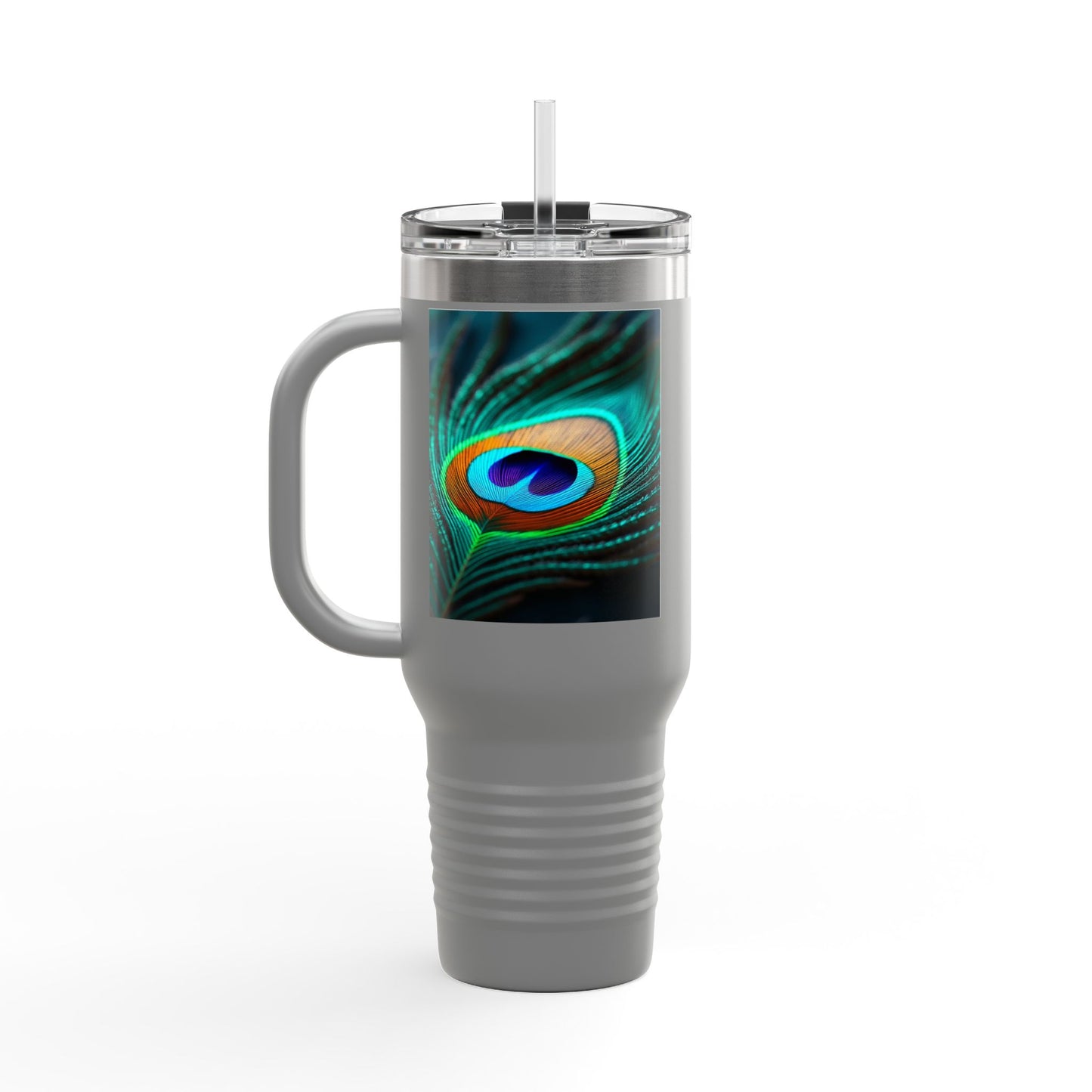 Insulated Travel Mug, 40oz / Peacock Eye Feather, Turquoise- Perfect for Outdoor Adventures