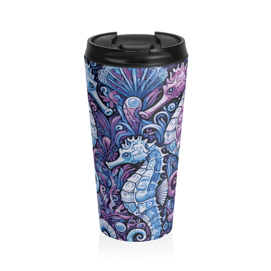 15 oz. Stainless Steel Travel Mug / Seahorse Trio, Blue