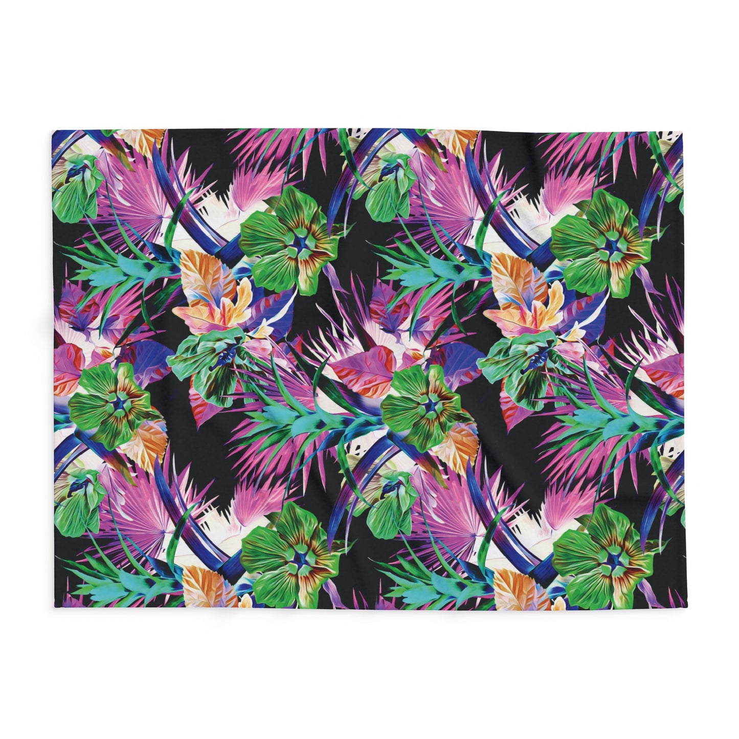 Black Plant Palooza Fleece Blanket - Colorful Tropical Botanical Design