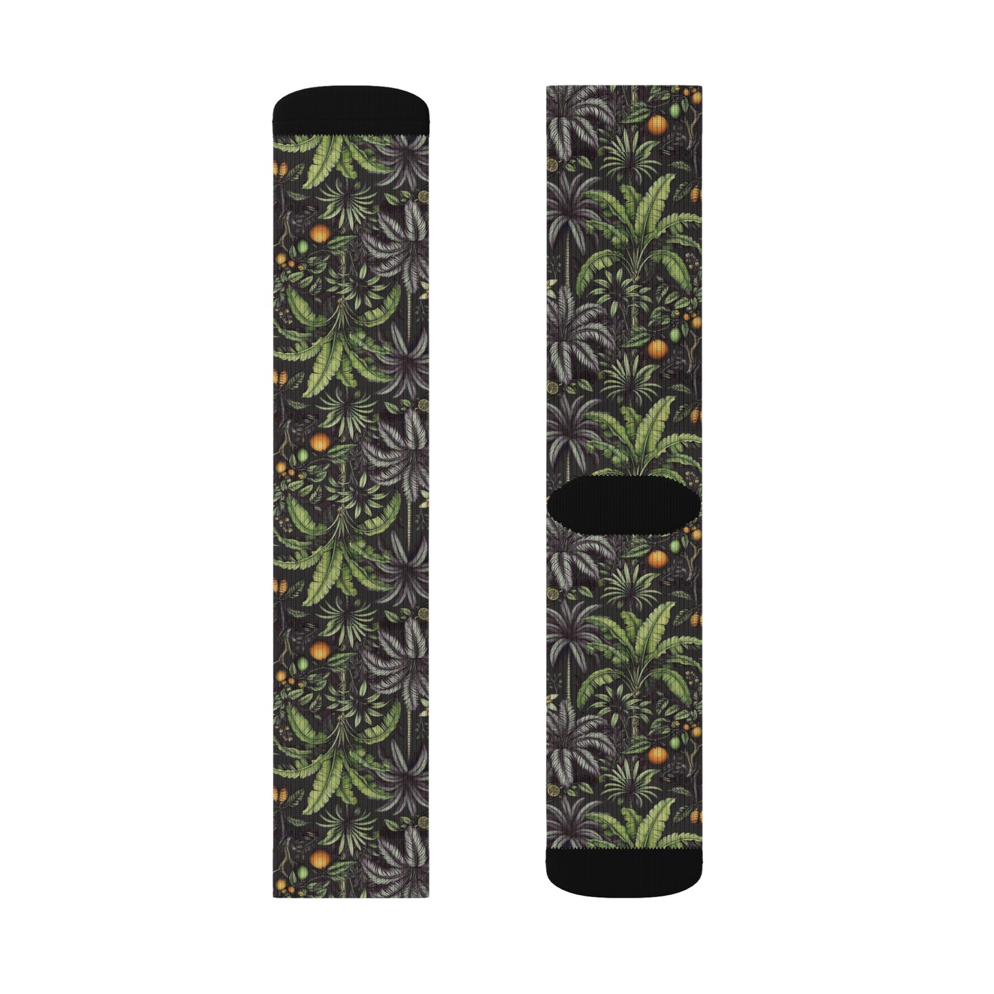 Tropical Fruit/Black Sublimation Fleece-Lined Socks - Colorful Palm Tree Design