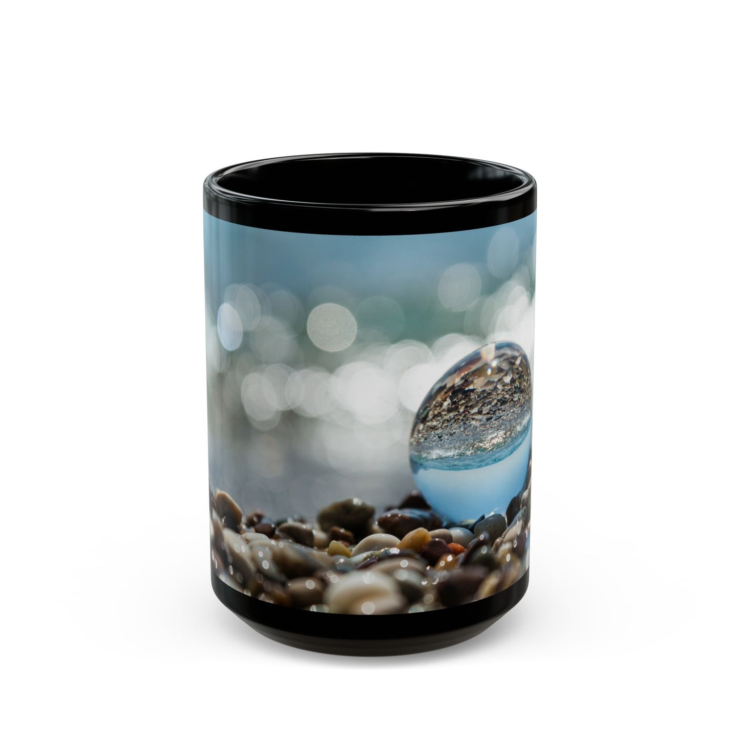 Black Mug (11oz, 15oz), Crystal Ball on Pebbled Beach