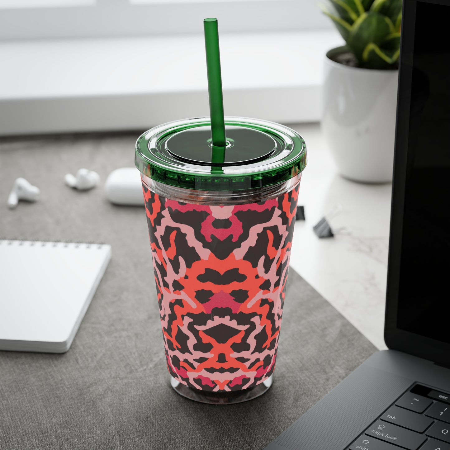 Tropical Tumbler with Straw | 16oz Colorful Travel Cup / Coral Threads, Red