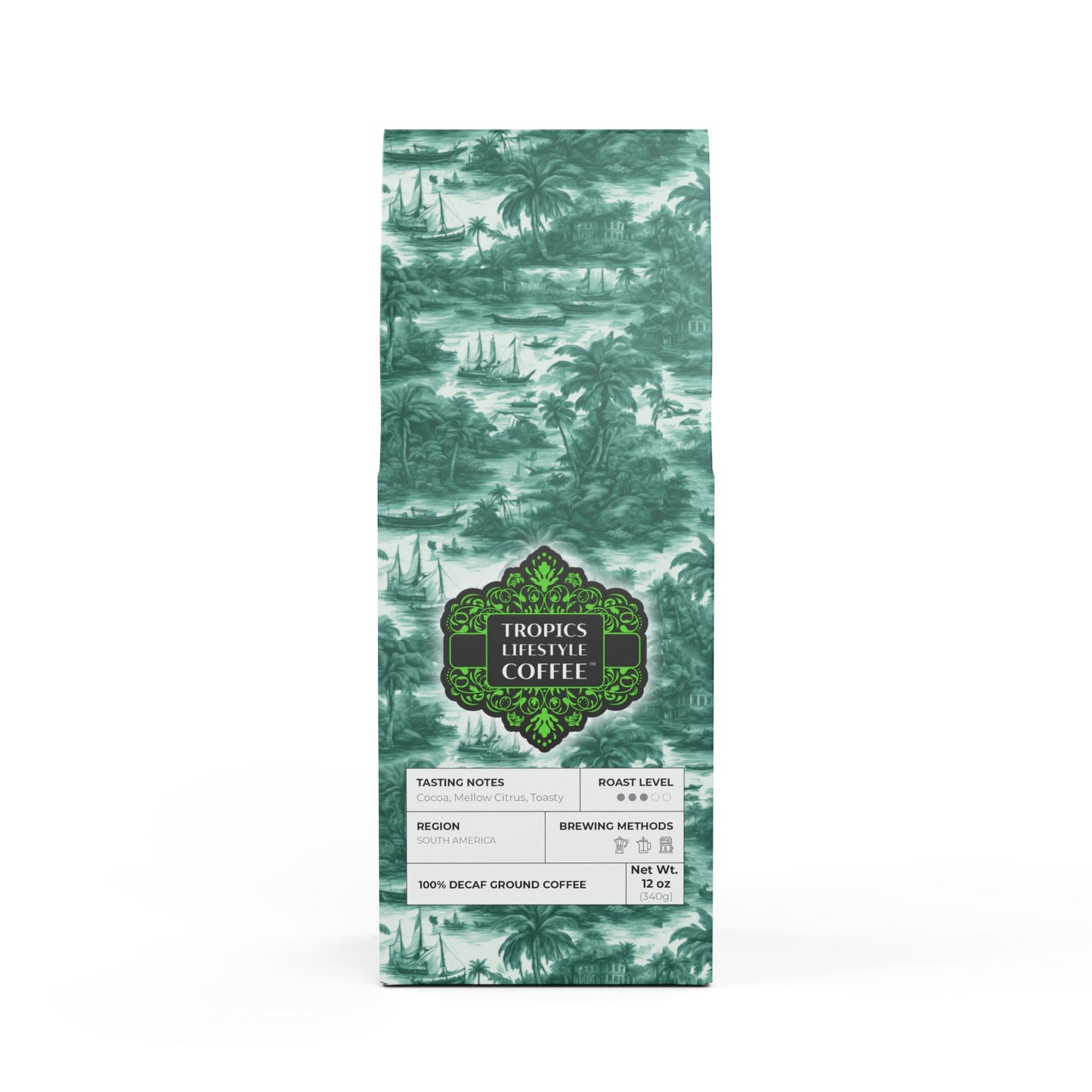 Rainforest Mist™ Single Origin DECAF (Medium Roast), Specialty Grade Craft Coffee / Tropical Toile, Evergreen