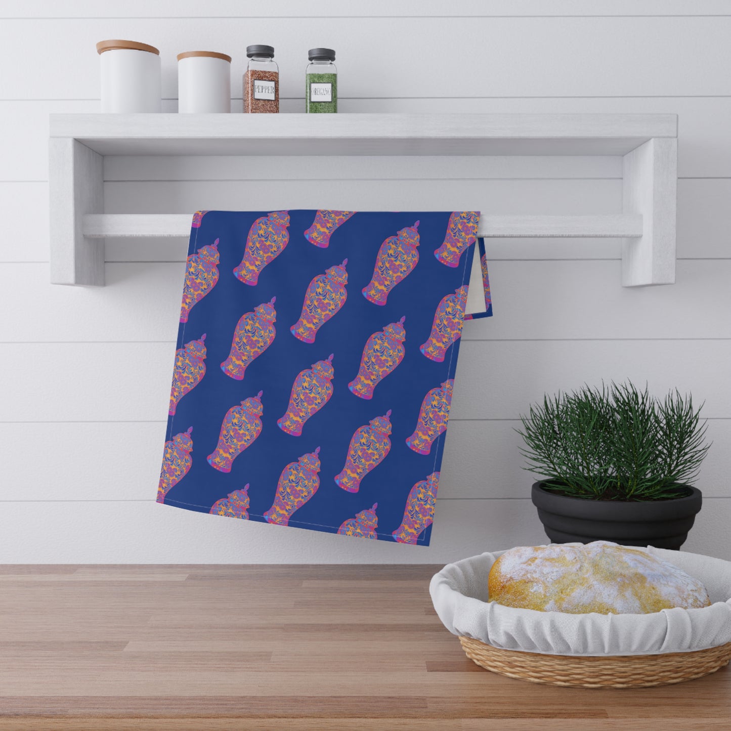 Tea Towels (cotton, poly), Heatwave Ginger Jar repeat dark blue